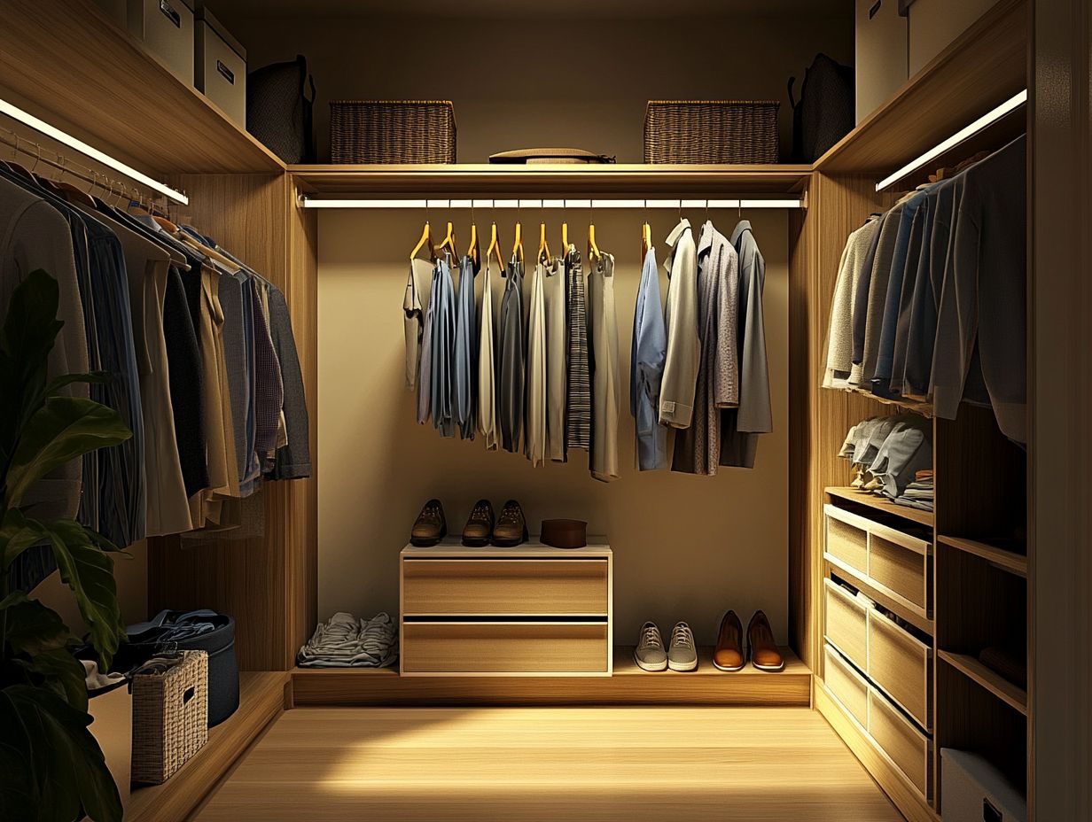 An organized minimalist wardrobe showcasing stylish outfits.