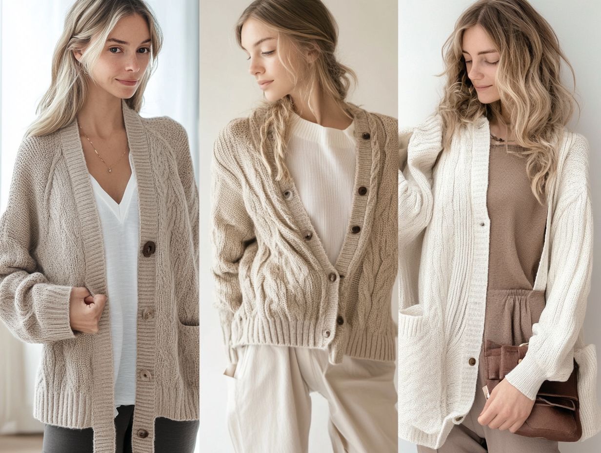 A stylish cardigan worn as a top with a knitted skirt, showcasing autumn/winter fashion