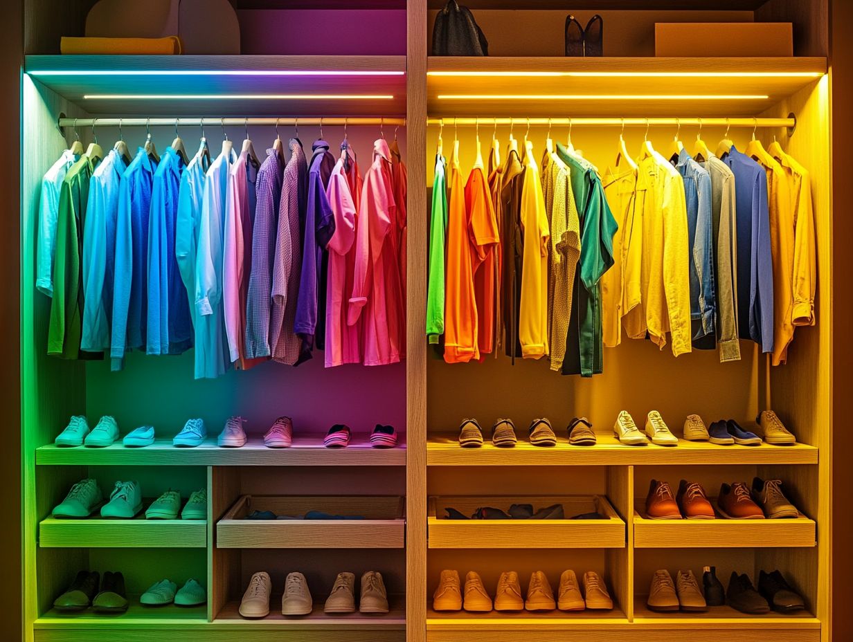 A vibrant, organized closet showcasing color-coded clothing